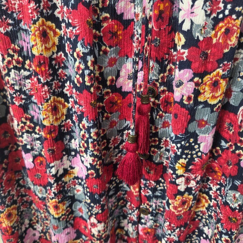 Knox Rose Floral Tassel Boho Midi Dress Size XS Red Multi Crepe Flowy Rayon - Picture 4 of 11